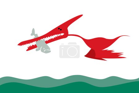 Prehistoric hunting. Flying dinosaur with its prey. Fishing. Vector image for prints, poster and illustrations.