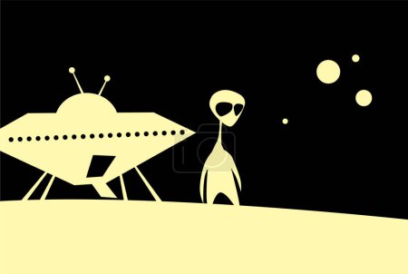 Alien. Stranger. Odd newcomer near his flying saucer. UFO. Alien ship landed in the field. Vector image for prints, poster and illustrations.