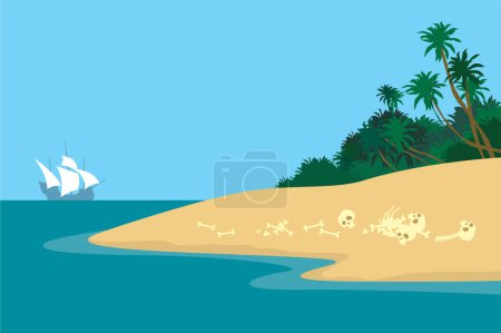 Téléchargez les illustrations : Côte des Squelettes. Paradis tropical au milieu de l'océan. Île de pirates et cannibales. Image vectorielle pour gravures, affiches et illustrations. - en licence libre de droit