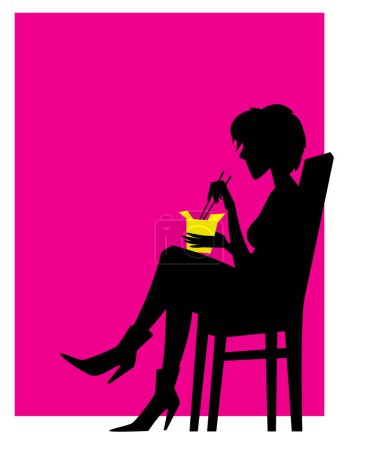 Mittagessen. Frau mit Schachtel Fast Food. Vektorbild für Drucke, Poster und Illustrationen.
