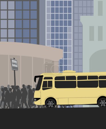 Illustration for Bus stop in the center of a big city. Crowded business center. Vector image for prints, poster and illustrations. - Royalty Free Image