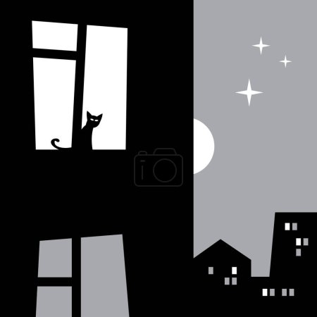 Night city. The cat looks out the window. Vector image for prints, poster and illustrations.