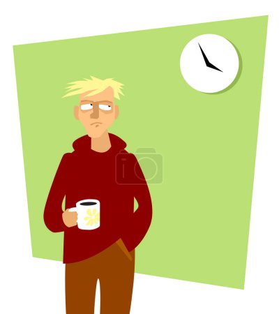 Anticipación insoportable del final de la jornada laboral. Un hombre con una taza de café mira con suerte el reloj en la pared. Imagen vectorial para impresiones, póster e ilustraciones.