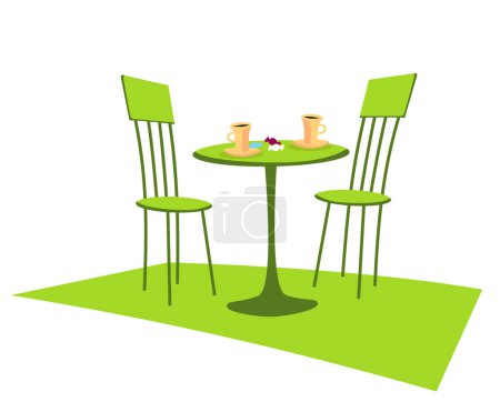 Green interior of a small cafe. Delicious coffee. A place for pleasant meetings. Vector image for prints, poster and illustrations.