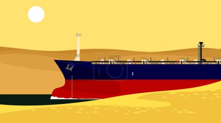 Canal de Suez. Un gran barco navega por el desierto. Imagen vectorial para impresiones, póster e ilustraciones.