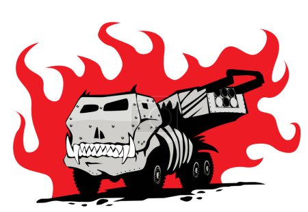 Illustration for HIMARS M142. Hell Machine. Modern rocket launcher as a nightmare. Vector image for prints, poster and illustrations. - Royalty Free Image