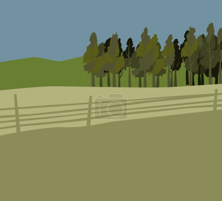 Ilustración de Paisaje. borde de la cerca del pueblo, árboles, colinas en el horizonte. Imagen vectorial para impresiones, póster e ilustraciones. - Imagen libre de derechos