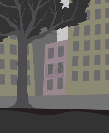 Ilustración de Temprano en la ciudad. Espacio vacío, un solo árbol. Edificios en la neblina de la mañana. Imagen vectorial para impresiones, póster e ilustraciones. - Imagen libre de derechos