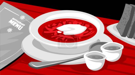 Borsch. Real Ukrainian borscht with sour cream and brown bread. Vector image for prints, poster and illustrations.
