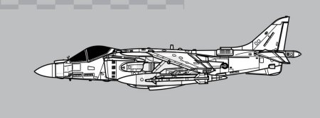 Ilustración de McDonnell Douglas AV-8B Harrier II Plus. Dibujo vectorial de aviones de ataque a tierra VSTOL. Vista lateral. Imagen para ilustración e infografía. - Imagen libre de derechos