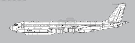 Ilustración de Northrop Grumman E-8C Joint STARS. Dibujo vectorial de aeronaves de vigilancia y mando y control en tierra. Vista lateral. Imagen para ilustración e infografía. - Imagen libre de derechos