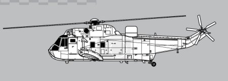 Ilustración de Westland Sea King tiene a Mk.6. Dibujo vectorial de guerra antisubmarina y helicóptero utilitario. Vista lateral. Imagen para ilustración e infografía. - Imagen libre de derechos