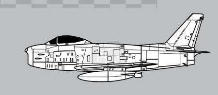 Illustration for North American F-86H Sabre. Vector drawing of early jet fighter-bomber aircraft. Side view. Image for illustration and infographics. - Royalty Free Image