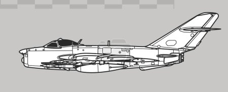 Illustration for Mikoyan MiG-17PMPFU Fresco E. Vector drawing of early jet interceptor aircraft. Side view. Image for illustration and infographics. - Royalty Free Image