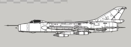 Illustration for Sukhoi Su-7B Fitter-A. Vector drawing of fighter-bomber aircraft. Side view. Image for illustration and infographics. - Royalty Free Image