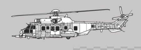 Illustration for Eurocopter EC725 Caracal, Airbus Helicopters H225M. Vector drawing of tactical transport helicopter. Side view. Image for illustration and infographics. - Royalty Free Image