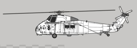 Téléchargez les illustrations : Westland Wessex HAS.1.) Dessin vectoriel de l'hélicoptère multirôle. Vue latérale. Image pour illustration et infographie. - en licence libre de droit