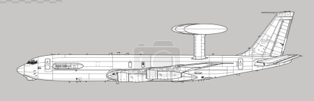 Boeing E-3A Wache. Vektorzeichnung von flugzeuggestützten Frühwarn- und Kontrollflugzeugen. Seitenansicht. Bild für Illustration und Infografik.