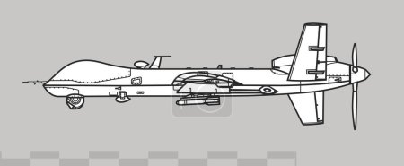 Illustration for General Atomics MQ-9 Reaper. UCAV. Vector drawing of unmanned combat aerial vehicle. Side view. Image for illustration and infographics. - Royalty Free Image