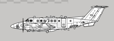 Ilustración de Raytheon Sombra R1. Beechcraft Super King Air. Dibujo vectorial de aviones de reconocimiento. Vista lateral. Imagen para ilustración e infografía. - Imagen libre de derechos