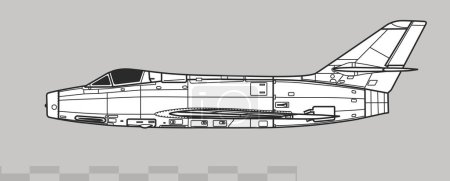 Illustration for Dassault MD.454 Mystere IV. Vector drawing of French fighter-bomber. Side view. Image for illustration and infographics. - Royalty Free Image