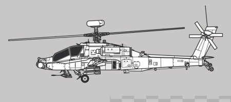 Illustration for Boeing AH-64D Apache Longbow, AgustaWestland Apache. Vector drawing of attack helicopter. Side view. Image for illustration and infographics. - Royalty Free Image