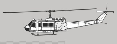 Illustration for Bell UH-1D Iroquois, Huey. Vector drawing of utility helicopter. Side view. Image for illustration and infographics. - Royalty Free Image