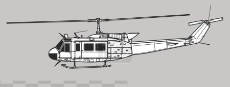 Illustration for Bell UH-1H Iroquois, Huey. Vector drawing of utility helicopter. Side view. Image for illustration and infographics. - Royalty Free Image