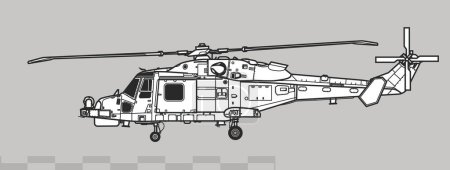 Téléchargez les illustrations : AgustaWestland AW159 Wildcat. Dessin vectoriel de l'hélicoptère multirôle. Vue latérale. Image pour illustration et infographie. - en licence libre de droit