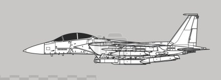 Illustration for Boeing F-15E Strike Eagle with AGM-158 JASSM Missiles. Vector drawing of multirole strike fighter. Side view. Image for illustration and infographics. - Royalty Free Image