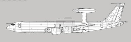 Dibujo vectorial de aviones de alerta temprana y control aéreos. Vista lateral. Imagen para ilustración e infografía.