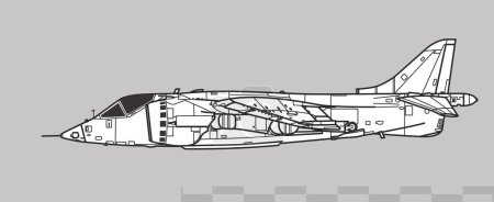 Ilustración de Hawker Siddeley Harrier GR.1, AV-8A, Matador. Dibujo vectorial de aviones de ataque VSTOL. Vista lateral. Imagen para ilustración e infografía. - Imagen libre de derechos