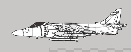 Ilustración de British Aerospace Sea Harrier FA2. Dibujo vectorial de aviones de combate VSTOL de la marina. Vista lateral. Imagen para ilustración e infografía. - Imagen libre de derechos