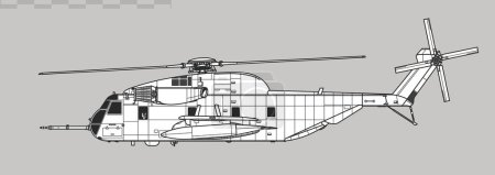 Téléchargez les illustrations : Sikorsky HH-53C Super Jolly Green Giant. Dessin vectoriel de l'hélicoptère de recherche et sauvetage. Vue latérale. Image pour illustration et infographie. - en licence libre de droit