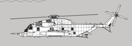 Téléchargez les illustrations : Sikorsky MH-53J Pave Low III. Dessin vectoriel de l'hélicoptère d'opérations spéciales. Vue latérale. Image pour illustration et infographie. - en licence libre de droit