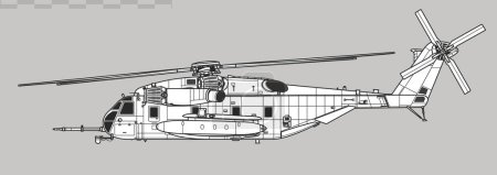 Téléchargez les illustrations : Super étalon Sikorsky CH-53E. Dessin vectoriel de l'hélicoptère de transport lourd. Vue latérale. Image pour illustration et infographie. - en licence libre de droit