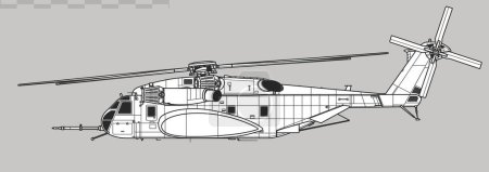 Téléchargez les illustrations : Sikorsky MH-53E Sea Dragon. Dessin vectoriel de l'hélicoptère antimines. Vue latérale. Image pour illustration et infographie. - en licence libre de droit