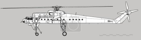 Ilustración de Mil Mi-10 Harke. Dibujo vectorial del helicóptero militar de transporte pesado. Vista lateral. Imagen para ilustración e infografía. - Imagen libre de derechos