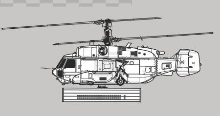 Téléchargez les illustrations : Kamov Ka-31 Helix. Dessin vectoriel de l'hélicoptère d'alerte précoce et de contrôle. Vue latérale. Image pour illustration et infographie. - en licence libre de droit