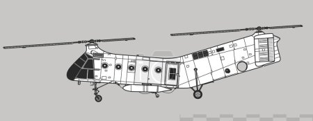 Illustration for Piasecki H-21 Sorkhorse, Shawnee. Vector drawing of military transport helicopter. Side view. Image for illustration and infographics. - Royalty Free Image
