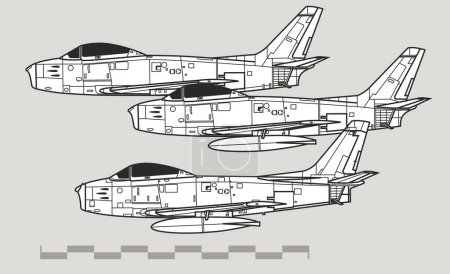 North American F-86 Sabre. Vector drawing of early jet fighter. Side view. Image for illustration and infographics.