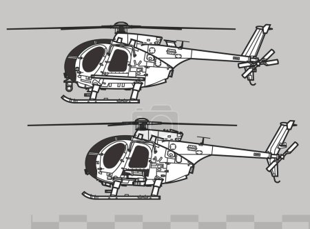 MD Helicopters MH-6 Little Bird. Dessin vectoriel de l'hélicoptère des forces spéciales. Vue latérale. Image pour illustration et infographie.