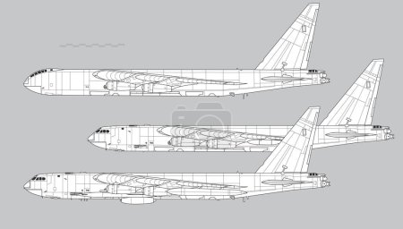 Boeing B-52 Stratofortress. Dibujo vectorial del bombardero estratégico. Vista lateral. Imagen para ilustración e infografía.
