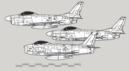 North American F-86 Sabre. Vector drawing of early jet fighter. Side view. Image for illustration and infographics.