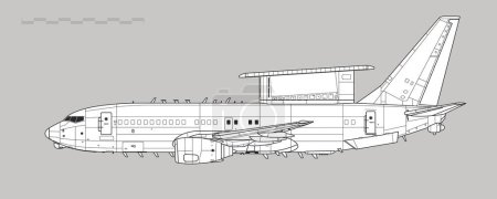 Illustration for Boeing 737 AEWC E-7A Wedgetail. Vector drawing of airborne early warning and control aircraft. Side view. Image for illustration and infographics. - Royalty Free Image