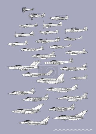 History of British fighters. Esquema dibujo vectorial. Imagen para ilustración o infografía.