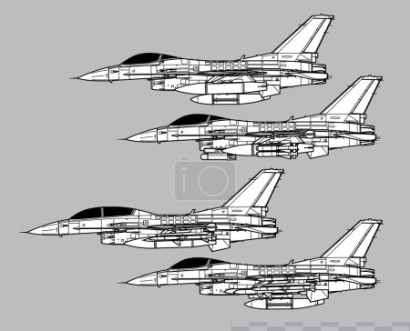 Ilustración de General Dynamics F-16 Fighting Falcon. Dibujo vectorial de caza táctico multifunción. Vista lateral. Imagen para ilustración e infografía. - Imagen libre de derechos
