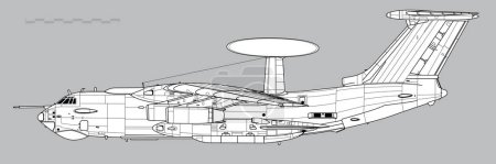 Illustration for Berijew A-50 Mainstay. Vector drawing of airborne early warning and control aircraft. Side view. Image for illustration and infographics. - Royalty Free Image