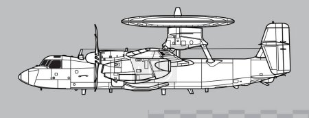 Illustration for Northrop Grumman E-2D Advanced Hawkeye. Vector drawing of airborne early warning aircraft. Side view. Image for illustration and infographics. - Royalty Free Image
