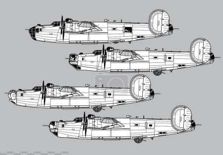Téléchargez les illustrations : B-24 Liberator consolidé. Dessin vectoriel du bombardier lourd WW2. Vue latérale. Image pour illustration et infographie. - en licence libre de droit